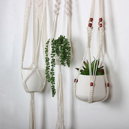  4 Stuks Plantenhangers - Boho Handgeweven Katoen Hangpot Voor Binnen/Buiten - Bloempot Met Kralen - Macramé Touw/Koord Hangplant Houder - Bohemian Wandhanger Decoratie - Verticale Tuin Plant Hanger Bloempothouder Planthanger Wit