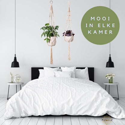  Plantenhanger - Plantenhanger Macrame - Set Van 2 - Wit - Knopen - Luxe Gevlochten Touw - Met Ophang Haken - Fienosa