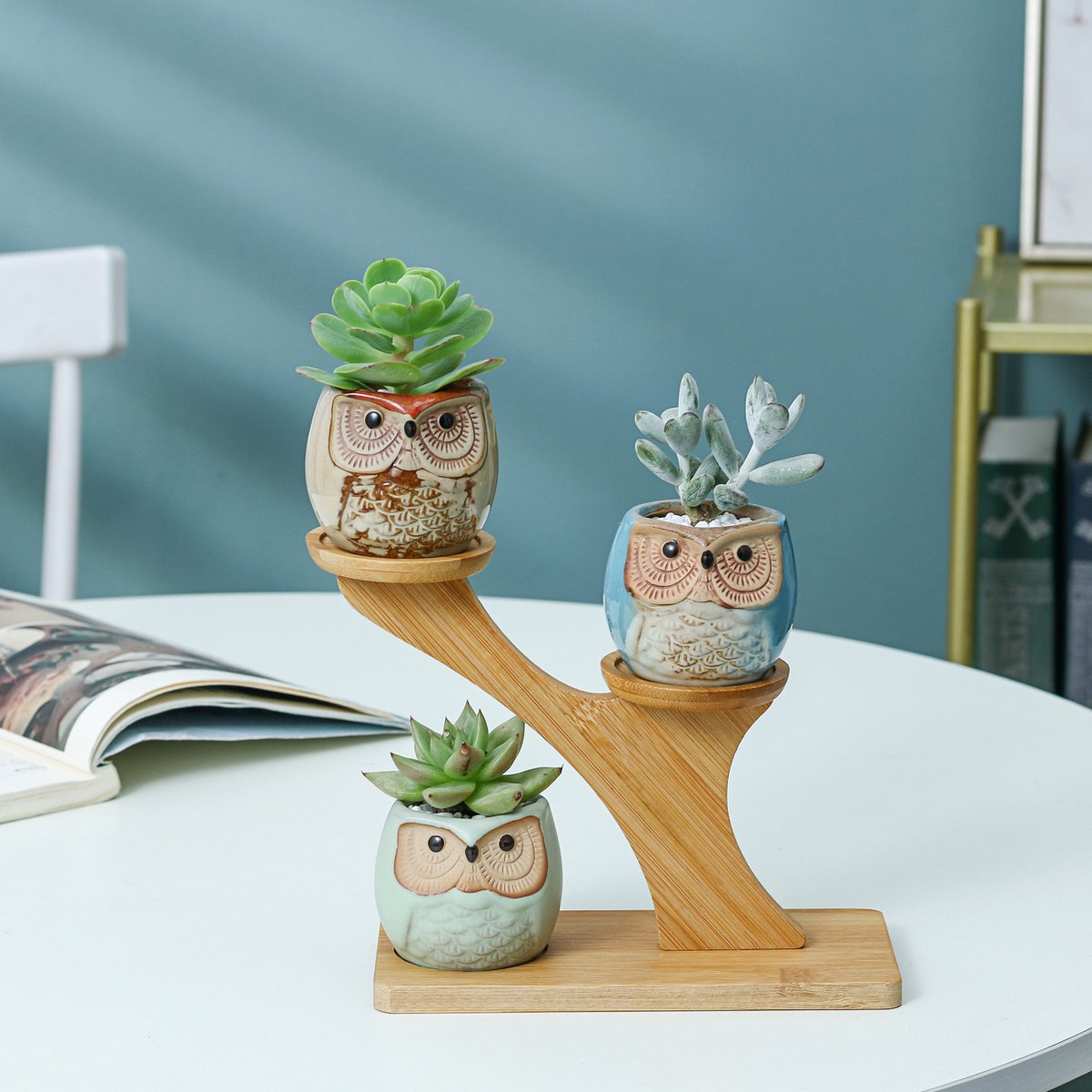  Luxe Bamboe Houten Boom Met 3 Keramiek Uil Bloempotten/Plantenpotten Op Standaard/Voet Voor Binnen En Buiten - Modern Design Bloempot/Plantenpot Op Poten/Pootjes-Plantenbak Mini Cactus Nep Plant Pot Houder - Kleine Bloembakken Plantenrek/Plantenkurk