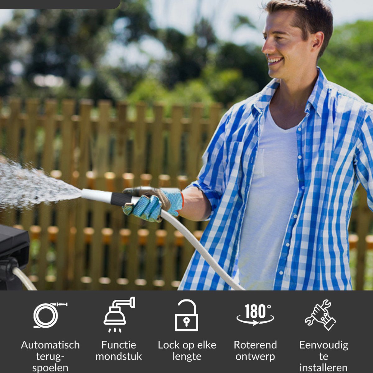  Buxibo - Wandslangenbox 20 Meter + 2 Meter - Tuinslang Met Haspel - 9 Sproei Standen - Slangenhouder 180° Draaibaar - Tuinslanghaspel Zwart+ Gratis Sproeier - Zwart