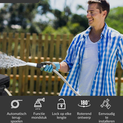  Buxibo - Wandslangenbox 20 Meter + 2 Meter - Tuinslang Met Haspel - 9 Sproei Standen - Slangenhouder 180° Draaibaar - Tuinslanghaspel Zwart+ Gratis Sproeier - Zwart