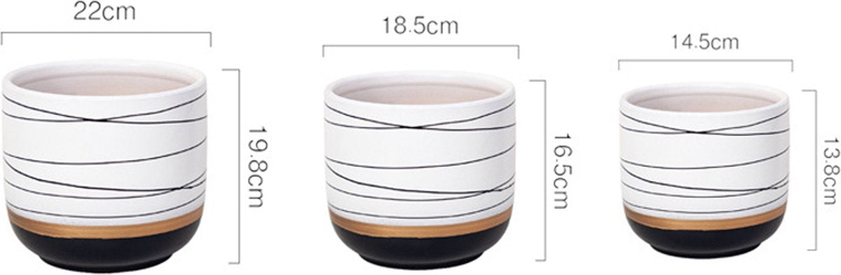  Bloempotten Binnen - Keramiek - Gouden Rand - Bloempot Buiten - Afvoergat 24 Cm - Wit Zwart – Groot