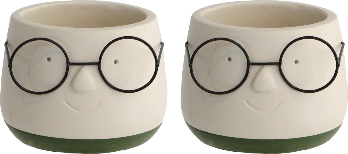 2x Bloempot Met Gezicht - Ø8 X H6,5 Cm - Bloempotten Voor Binnen Met Bril/Face/Hoofd