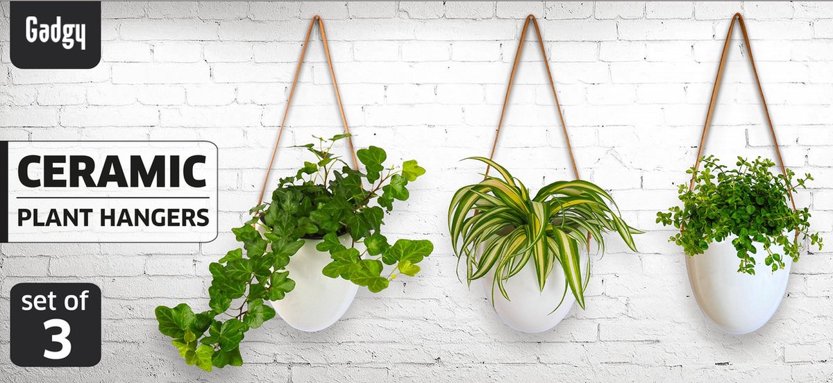  Gadgy Plantenhanger Keramiek - Set Van 3 - Hangpot Van Wit Steen - Hangende Bloempot Plantenpot - Met 3 Verschillende Koorden - 12x11x9.5CM