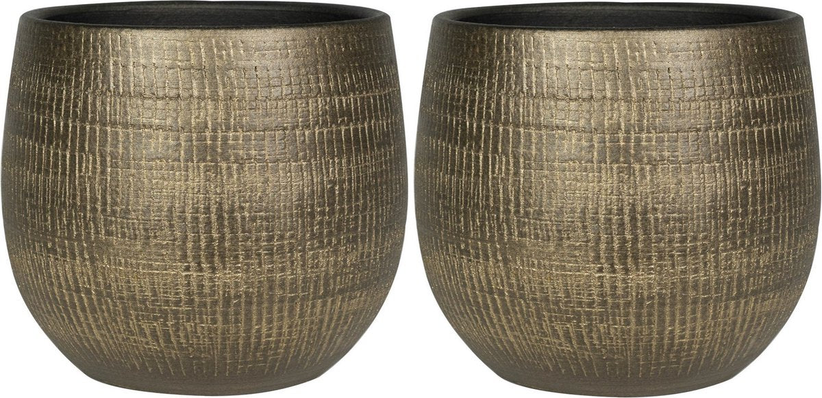  Set Van 2x Stuks Plantenpotten/bloempotten In Een Strakke Modern Design Look Metal Goud Dia 22 Cm En Hoogte 20 Cm