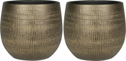  Set Van 2x Stuks Plantenpotten/bloempotten In Een Strakke Modern Design Look Metal Goud Dia 22 Cm En Hoogte 20 Cm