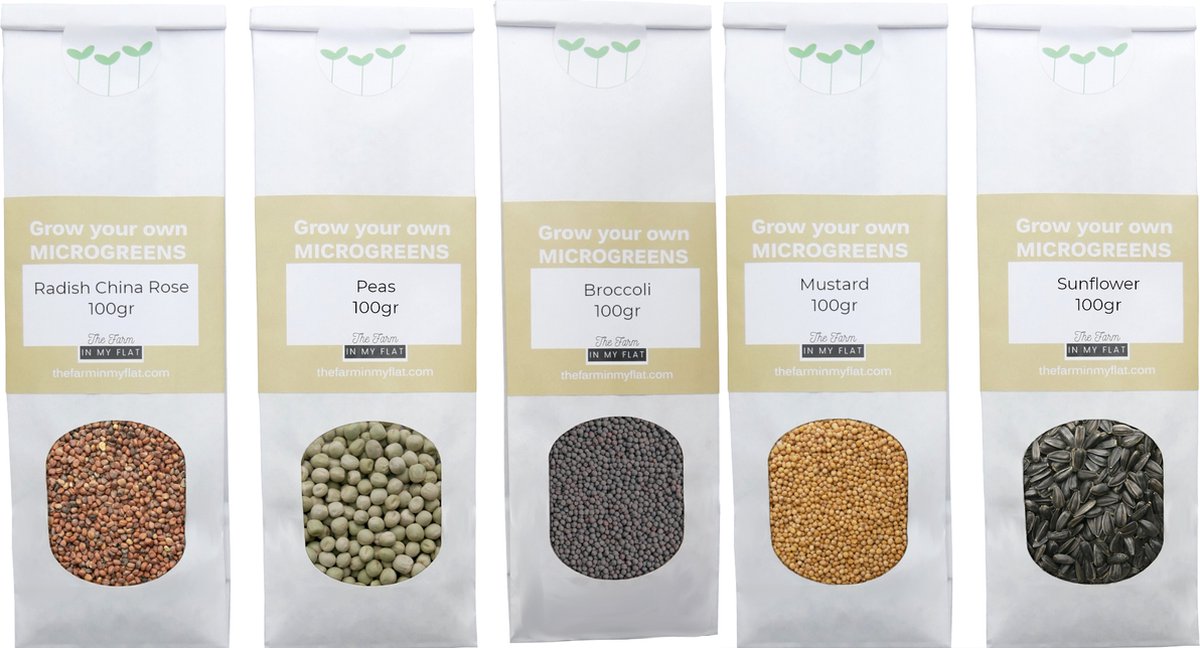  Variatie-set Kiemzaden 5x 100g | Broccoli, Erwten Scheuten, Zonnebloem, Radijs &amp; Mosterd - 500g | Biologische Microgreen, Microgroenten Zaden | Plastic Vrij Verpakt | Moestuin Kweekset Binnen