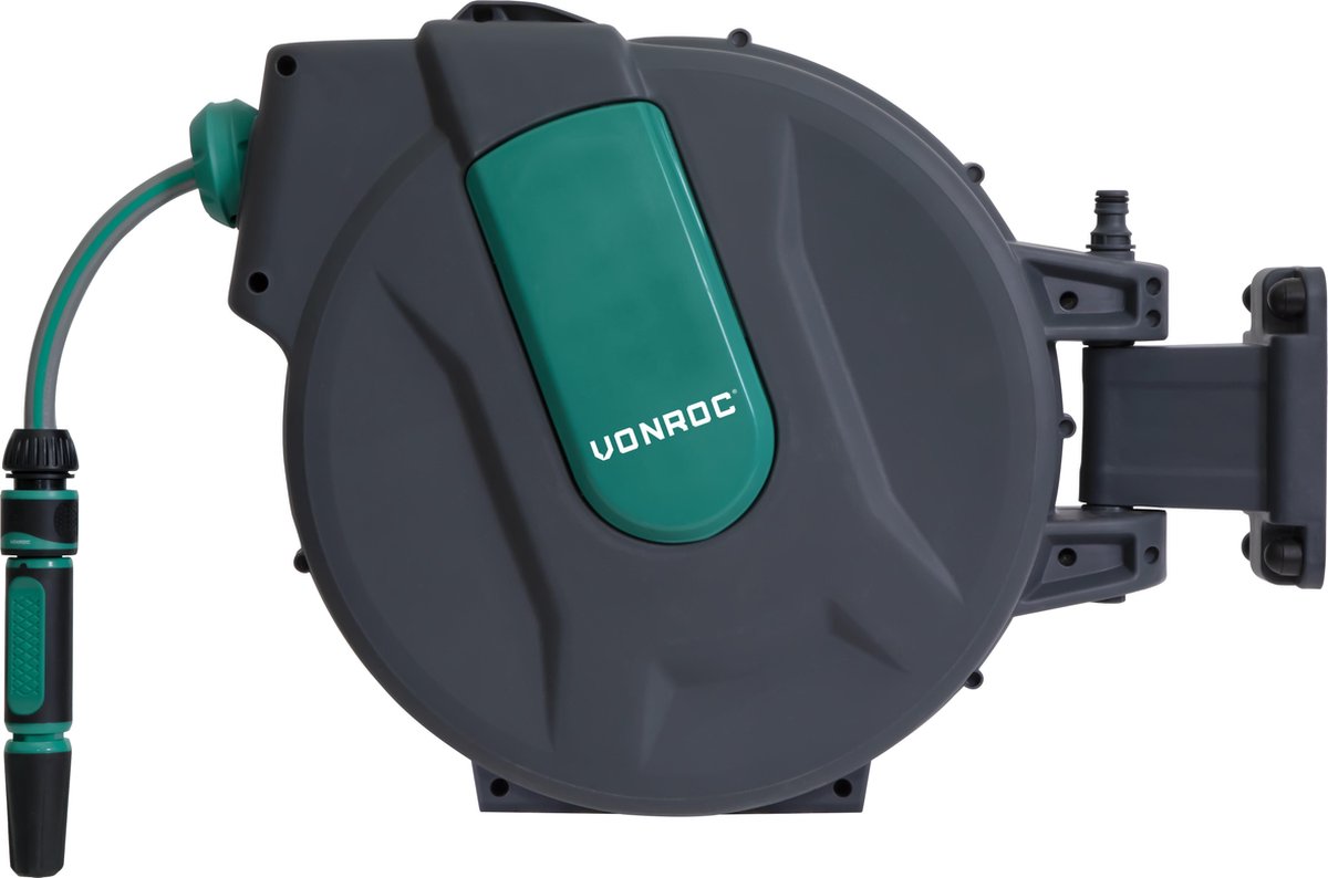  VONROC Automatische Slanghaspel – Incl. 25m Tuinslang, Aansluitslang, Spuitstuk, Koppelingen &amp; Kraanaansluiting