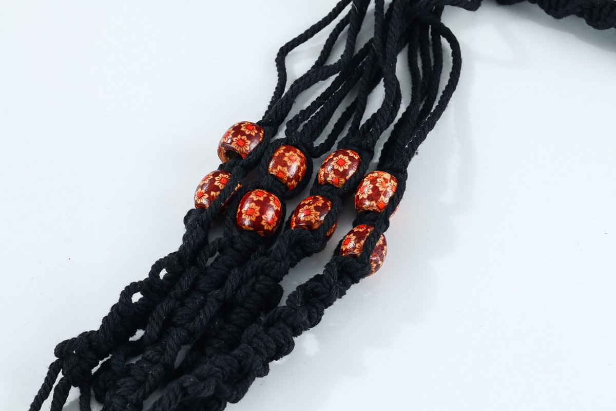  4 Stuks Zwarte Macrame Plantenhangers - Boho Handgeweven Katoen Hangpot Voor Binnen/Buiten - Hangende Bloempot Met Kralen - Macramé Touw/Koord Hangplant Houder - Bohemian Wandhanger Decoratie - Plant Hanger - Verticale Tuin Bloempothouder Planthanger