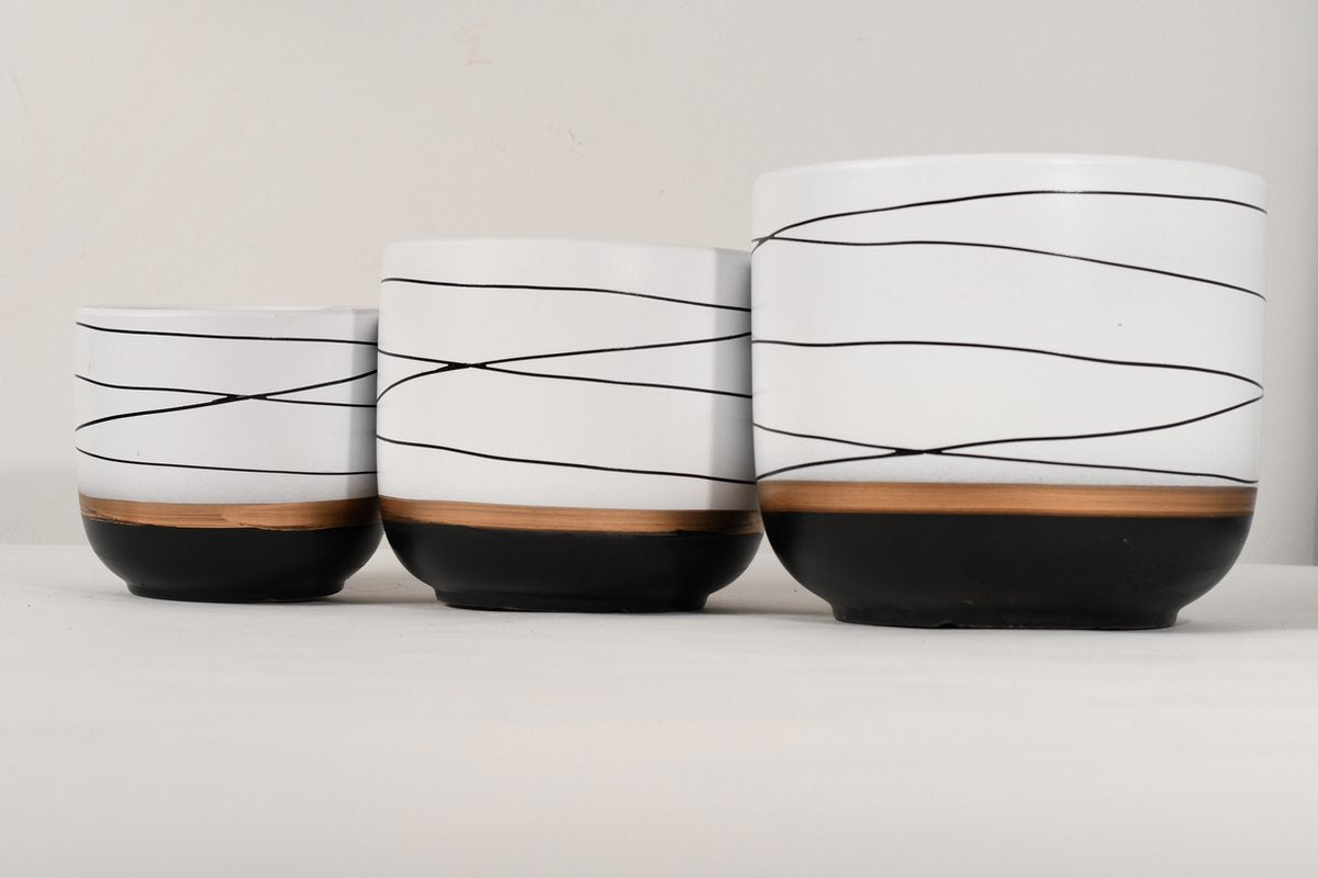  Bloempotten Binnen - Keramiek - Gouden Rand - Bloempot Buiten - Afvoergat 24 Cm - Wit Zwart – Groot