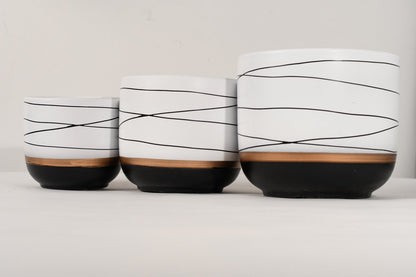  Bloempotten Binnen - Keramiek - Gouden Rand - Bloempot Buiten - Afvoergat 24 Cm - Wit Zwart – Groot