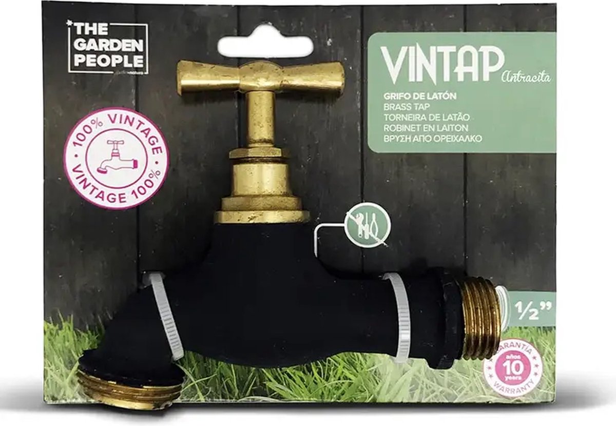  The Garden People - Vintap - Klassieke (Buiten) Kraan Muurkraan Gevelkraan Tapkraan Zwart In Vintage Stijl - Antraciet Zwart - Mat - Messing Details - Geen Gereedschap Nodig Bij Installatie