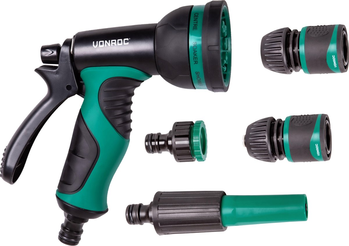  VONROC Broespistool &amp; Spuitstuk Set – 8 Sproeipatronen En Regelbare Watertoevoer – Incl. Koppelingen