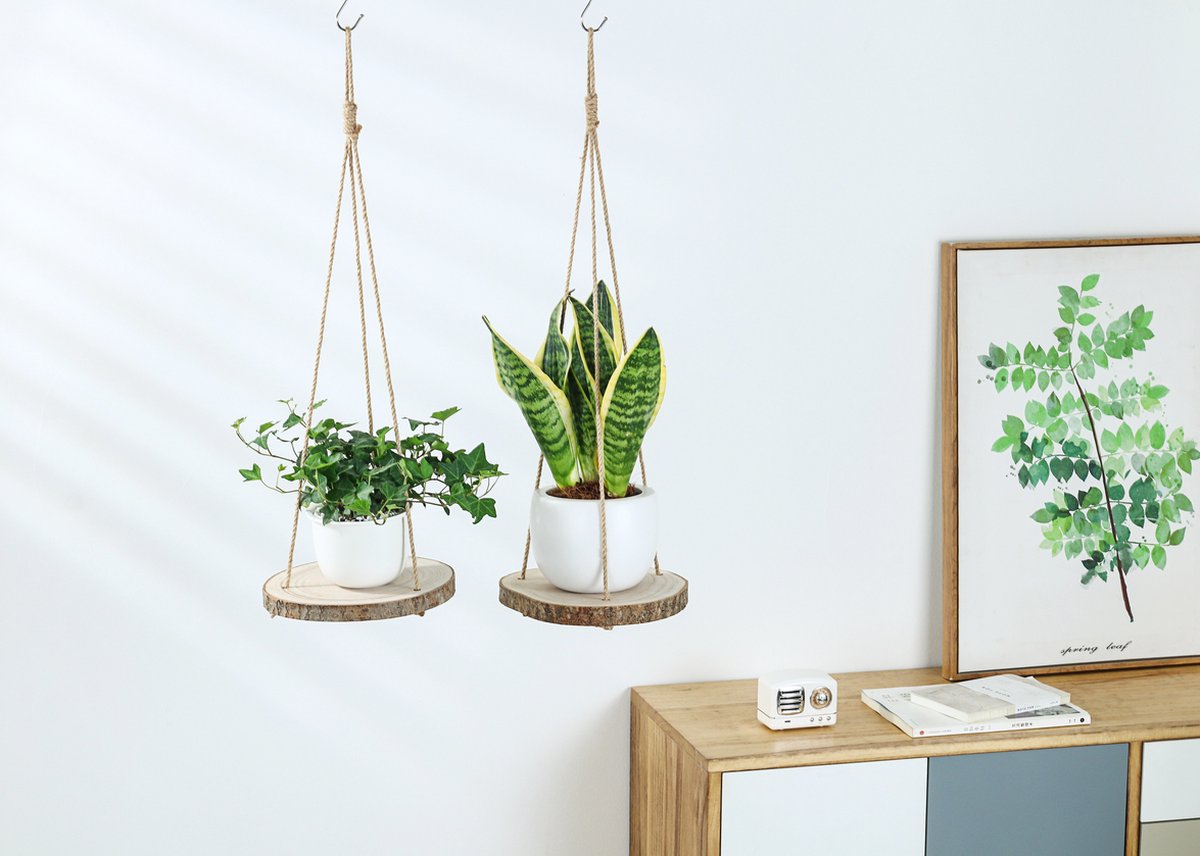  Set Van 2 Boomstam Rond Wandrek Plantenhangers - Boho Jute Houten Plantenrek - Hangpot Voor Binnen/Buiten - Hangende Bloempot Plank - Hangplant Houder - Bohemian Macrame Stijl Wandhanger - Hangplank Plant Hanger - Planthanger - Ø Rond 25-20cm