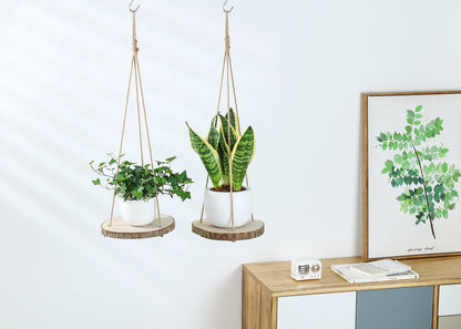  Set Van 2 Boomstam Rond Wandrek Plantenhangers - Boho Jute Houten Plantenrek - Hangpot Voor Binnen/Buiten - Hangende Bloempot Plank - Hangplant Houder - Bohemian Macrame Stijl Wandhanger - Hangplank Plant Hanger - Planthanger - Ø Rond 25-20cm