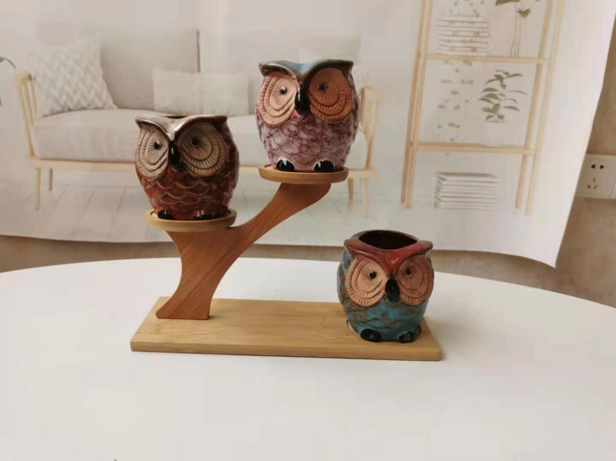  Luxe Bamboe Houten Boom Met 3 Keramiek Uil Bloempotten/Plantenpotten Op Standaard/Voet Voor Binnen En Buiten - Modern Design Bloempot/Plantenpot Op Poten/Pootjes-Plantenbak Mini Cactus Nep Plant Pot Houder - Kleine Bloembakken Plantenrek/Plantenkurk