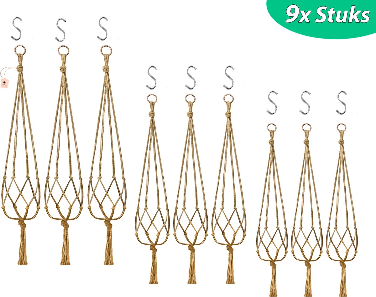  9 Stuks Jute Macrame Plantenhangers - Boho Handgeweven Katoen Hangpot Voor Binnen/Buiten - Hangende Bloempot Met Kralen - Macramé Touw/Koord Hangplant Houder - Bohemian Wandhanger Decoratie - Plant Hanger - Verticale Tuin Bloempothouder Planthanger