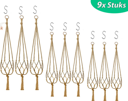  9 Stuks Jute Macrame Plantenhangers - Boho Handgeweven Katoen Hangpot Voor Binnen/Buiten - Hangende Bloempot Met Kralen - Macramé Touw/Koord Hangplant Houder - Bohemian Wandhanger Decoratie - Plant Hanger - Verticale Tuin Bloempothouder Planthanger