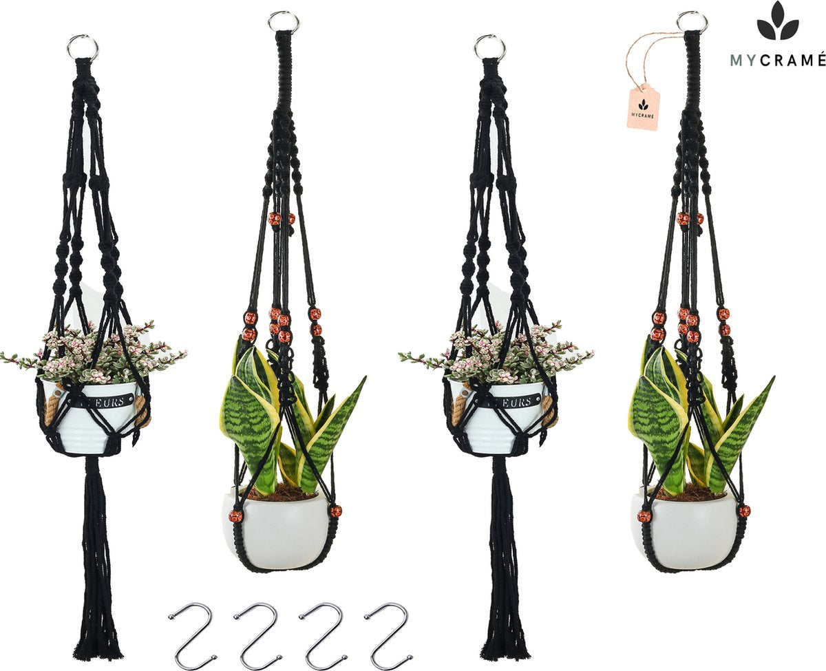  4 Stuks Zwarte Macrame Plantenhangers - Boho Handgeweven Katoen Hangpot Voor Binnen/Buiten - Hangende Bloempot Met Kralen - Macramé Touw/Koord Hangplant Houder - Bohemian Wandhanger Decoratie - Plant Hanger - Verticale Tuin Bloempothouder Planthanger