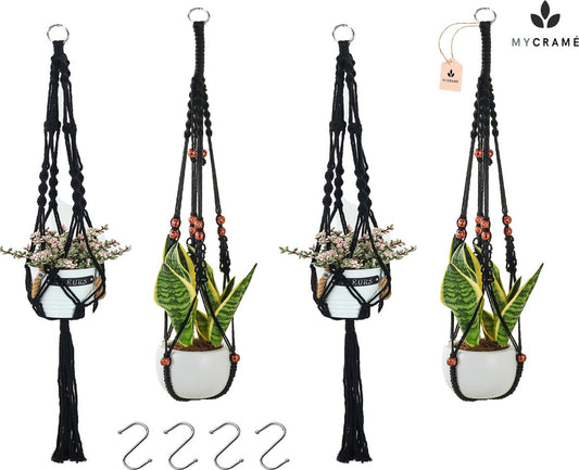  4 Stuks Zwarte Macrame Plantenhangers - Boho Handgeweven Katoen Hangpot Voor Binnen/Buiten - Hangende Bloempot Met Kralen - Macramé Touw/Koord Hangplant Houder - Bohemian Wandhanger Decoratie - Plant Hanger - Verticale Tuin Bloempothouder Planthanger