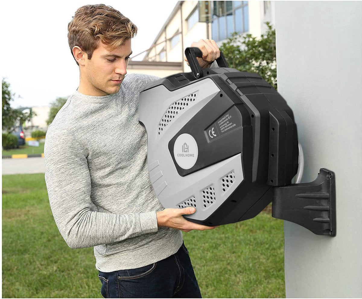  CoolHome Wandslangenbox 15 Meter + 1,5 Meter - Tuinslang Met Haspel- Slangenhouder 180° Draaibaar - Tuinslanghaspel Zwart - Grijs