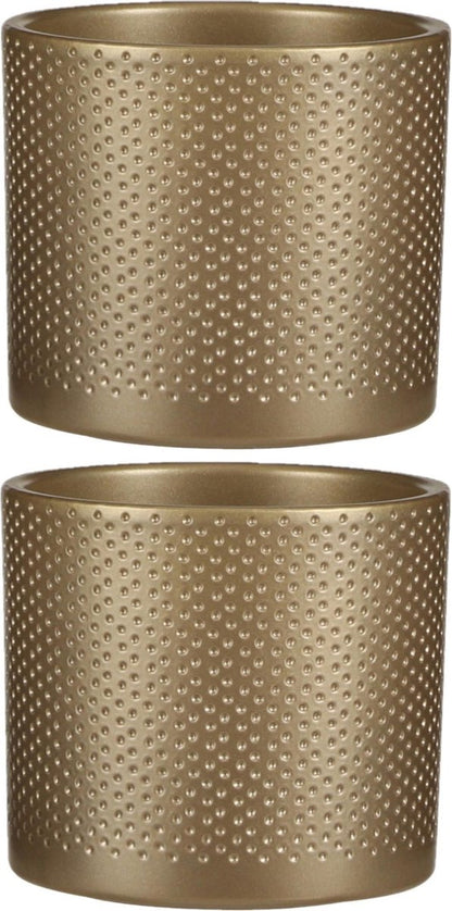  2x Stuks Bloempot In Kleur Relief Goud Keramiek Voor Kamerplant H12.5 X D13.5 Cm- Plantenpotten Binnen