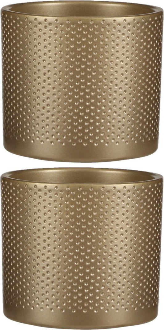  2x Stuks Bloempot In Kleur Relief Goud Keramiek Voor Kamerplant H12.5 X D13.5 Cm- Plantenpotten Binnen