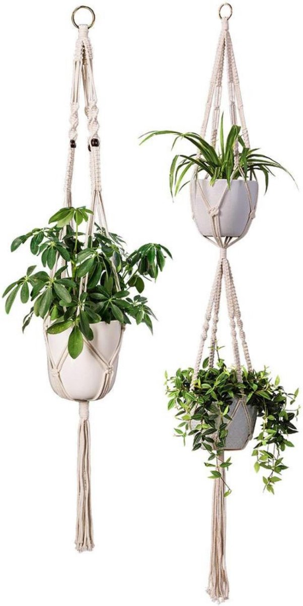  Plantenhanger Macrame Set Van 2 - Plantenhanger Met Ruimte Voor 3 Potten - Luxe Gevlochten Touw 100% Katoen - Duurzaam - Plantenbakken - Bloempotten - Macramé Stijl Hanger Voor Bloempotten - Hangpot - Fienosa