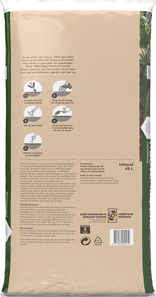  Pokon Houtsnippers Cacaobruin - 45L - Houtsnippers Bodembedekking Tuin - Beperkt Onkruidgroei - Waterregulerend