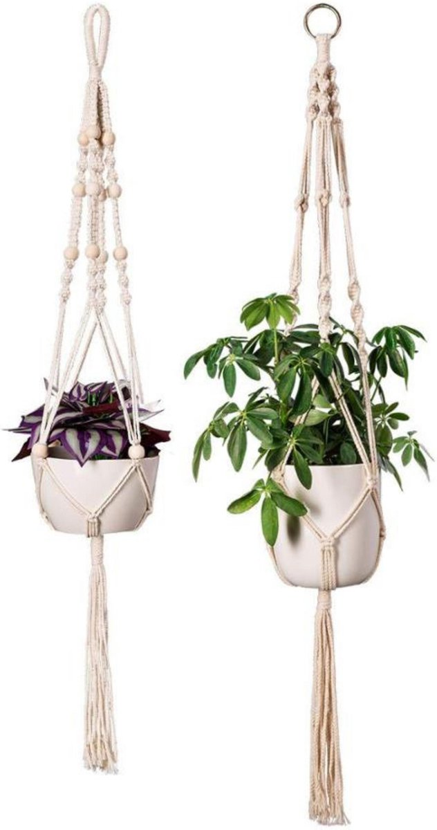  Plantenhanger - Plantenhanger Macrame - Set Van 2 - Wit - Knopen - Luxe Gevlochten Touw - Met Ophang Haken - Fienosa