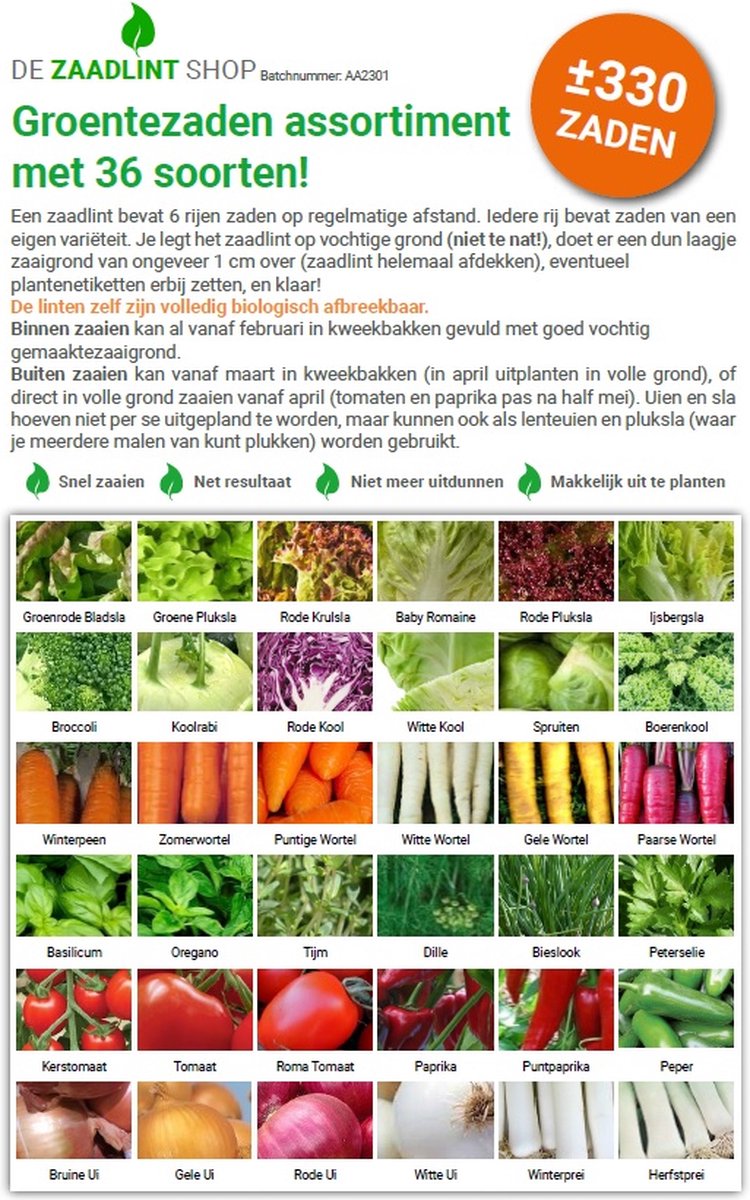  Groentezaden Assortiment 36 Soorten (sla, Kolen, Wortels, Kruiden, Tomaten, Paprika, Uien, Prei) Zaadlint
