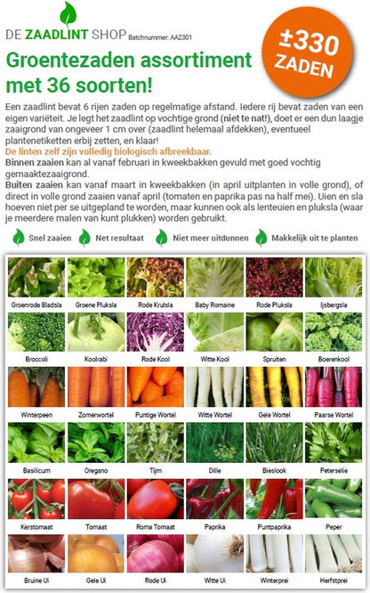  Groentezaden Assortiment 36 Soorten (sla, Kolen, Wortels, Kruiden, Tomaten, Paprika, Uien, Prei) Zaadlint