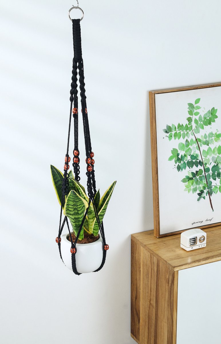  4 Stuks Zwarte Macrame Plantenhangers - Boho Handgeweven Katoen Hangpot Voor Binnen/Buiten - Hangende Bloempot Met Kralen - Macramé Touw/Koord Hangplant Houder - Bohemian Wandhanger Decoratie - Plant Hanger - Verticale Tuin Bloempothouder Planthanger