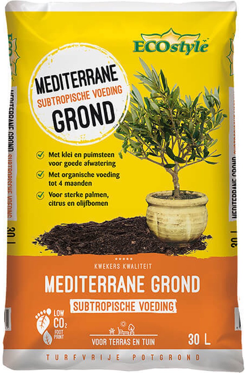  ECOstyle Mediterrane Grond Turfvrije Potgrond Voor Palmen, Citrussen- En Olijfbomen- Subtropische Voeding - Klei &amp; Puimsteen - Terras &amp; Tuin - 30 L