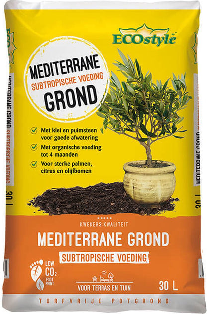  ECOstyle Mediterrane Grond Turfvrije Potgrond Voor Palmen, Citrussen- En Olijfbomen- Subtropische Voeding - Klei &amp; Puimsteen - Terras &amp; Tuin - 30 L