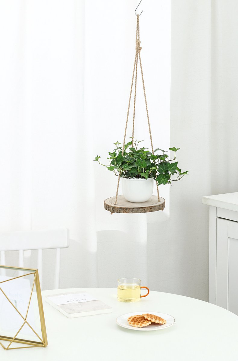  Set Van 2 Boomstam Rond Wandrek Plantenhangers - Boho Jute Houten Plantenrek - Hangpot Voor Binnen/Buiten - Hangende Bloempot Plank - Hangplant Houder - Bohemian Macrame Stijl Wandhanger - Hangplank Plant Hanger - Planthanger - Ø Rond 25-20cm