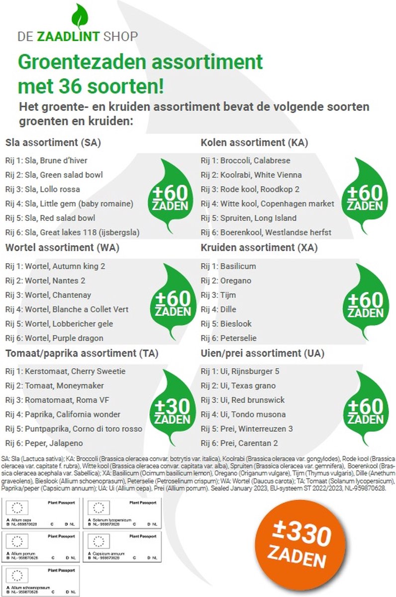  Groentezaden Assortiment 36 Soorten (sla, Kolen, Wortels, Kruiden, Tomaten, Paprika, Uien, Prei) Zaadlint