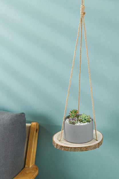  Set Van 2 Boomstam Rond Wandrek Plantenhangers - Boho Jute Houten Plantenrek - Hangpot Voor Binnen/Buiten - Hangende Bloempot Plank - Hangplant Houder - Bohemian Macrame Stijl Wandhanger - Hangplank Plant Hanger - Planthanger - Ø Rond 25-20cm