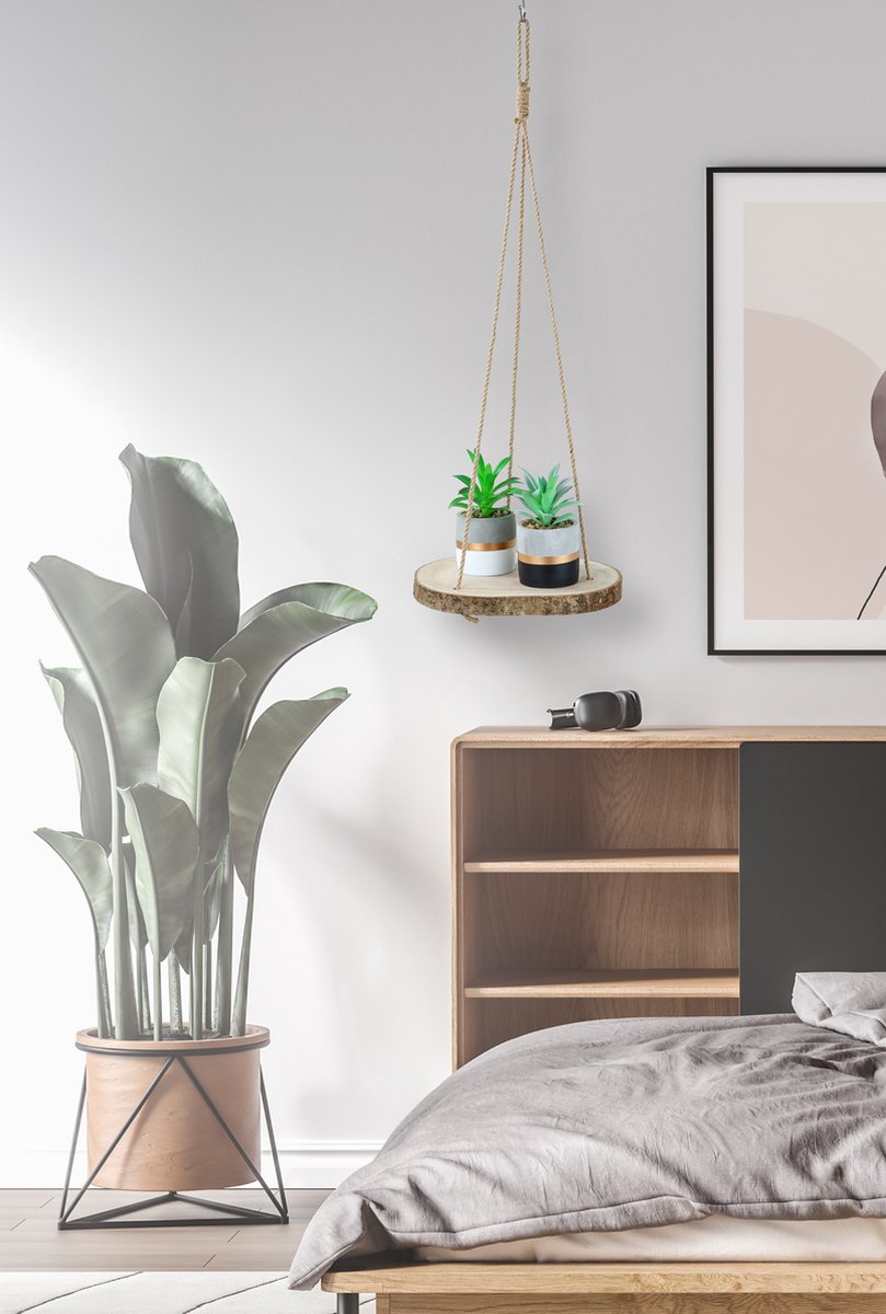  Set Van 2 Boomstam Rond Wandrek Plantenhangers - Boho Jute Houten Plantenrek - Hangpot Voor Binnen/Buiten - Hangende Bloempot Plank - Hangplant Houder - Bohemian Macrame Stijl Wandhanger - Hangplank Plant Hanger - Planthanger - Ø Rond 25-20cm