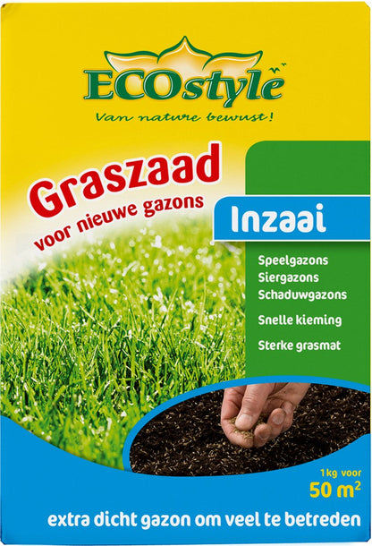  ECOStyle Graszaad-Inzaai Voor Nieuwe Gazons - Dicht Gazon Zonder Mos - Sterke Grasmat - Snelkiemend Graszaad - Speel &amp; Siergazons - 50 M² - 1 KG
