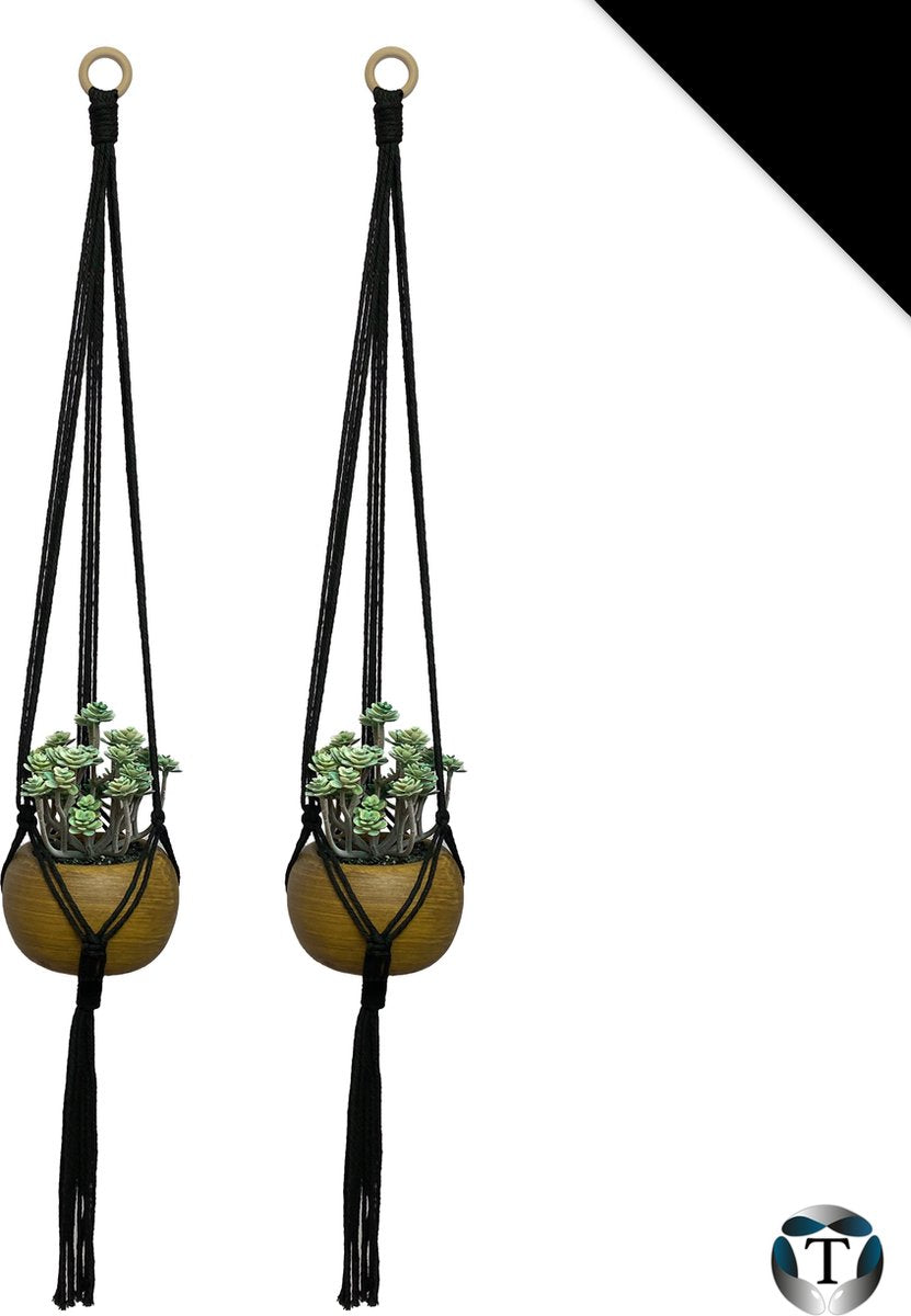 Merkloos Luxe Plantenhangers | Zwart | Set Van 2 Stuks | 100% Katoen | 100% Handgemaakt | Houten Ring | Macramé | Plantenpot Ophangen | Binnen &amp; Buiten | Planten | TheOldOmen |