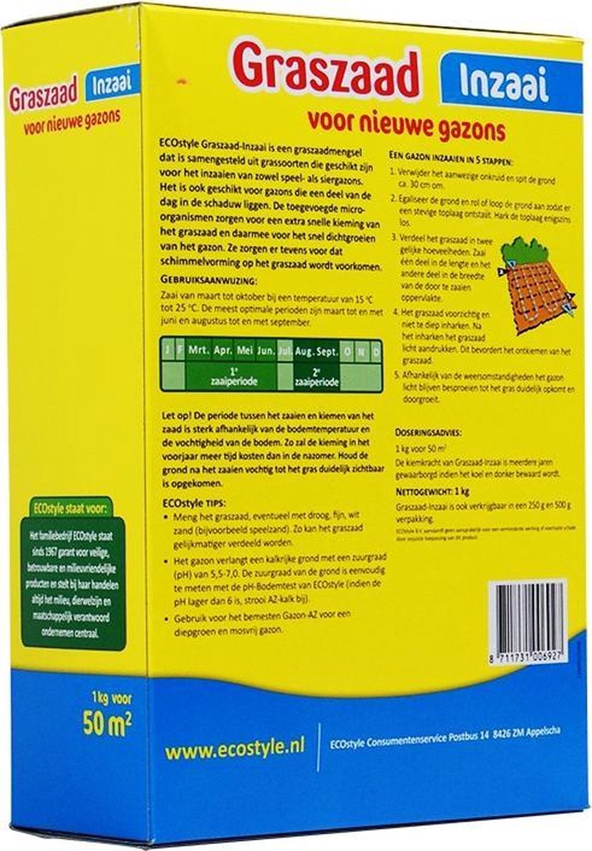  ECOStyle Graszaad-Inzaai Voor Nieuwe Gazons - Dicht Gazon Zonder Mos - Sterke Grasmat - Snelkiemend Graszaad - Speel &amp; Siergazons - 50 M² - 1 KG