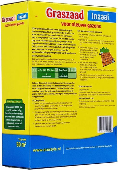  ECOStyle Graszaad-Inzaai Voor Nieuwe Gazons - Dicht Gazon Zonder Mos - Sterke Grasmat - Snelkiemend Graszaad - Speel &amp; Siergazons - 50 M² - 1 KG