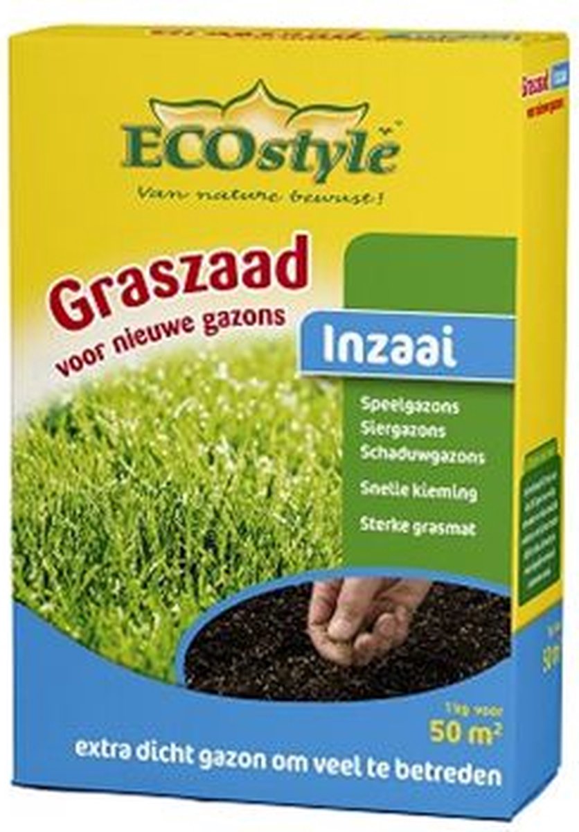  ECOStyle Graszaad-Inzaai Voor Nieuwe Gazons - Dicht Gazon Zonder Mos - Sterke Grasmat - Snelkiemend Graszaad - Speel &amp; Siergazons - 50 M² - 1 KG