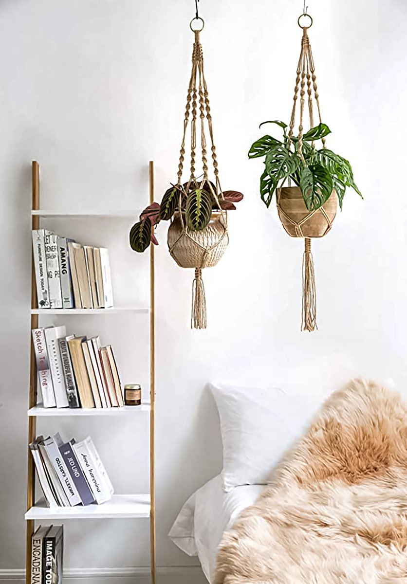  4 Stuks Luxe Jute Plantenhangers - Boho Handgeweven Katoen Hangpot Voor Binnen/Buiten - Hangende Bloempot Met Kralen - Macramé Touw/Koord Hangplant Houder - Bohemian Wandhanger Decoratie - Plant Hanger - Verticale Tuin Bloempothouder Planthanger
