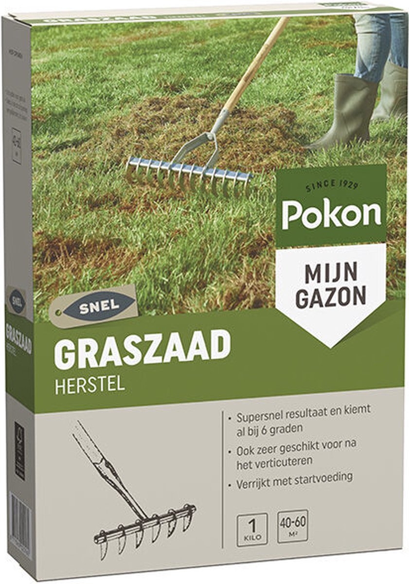  Pokon Graszaad Herstel - 1kg - Gazonherstel - Geschikt Voor 40m² Tot 60m² - Supersnel Egaal Groen Gras