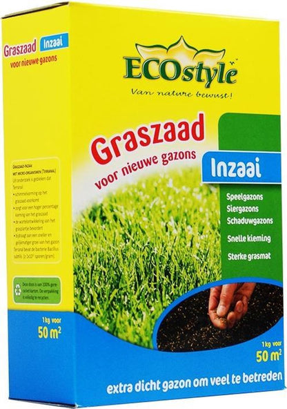  ECOStyle Graszaad-Inzaai Voor Nieuwe Gazons - Dicht Gazon Zonder Mos - Sterke Grasmat - Snelkiemend Graszaad - Speel &amp; Siergazons - 50 M² - 1 KG