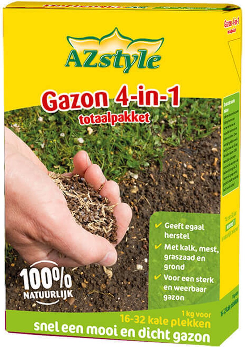  ECOstyle Gazon 4-in-1 Totaalpakket Met Kalk, Mest, Graszaad &amp; Grond In Een Doos - Geeft Kale Plekken In Gras Egaal Herstel - 5- 10 Kale Plekken - 1 KG