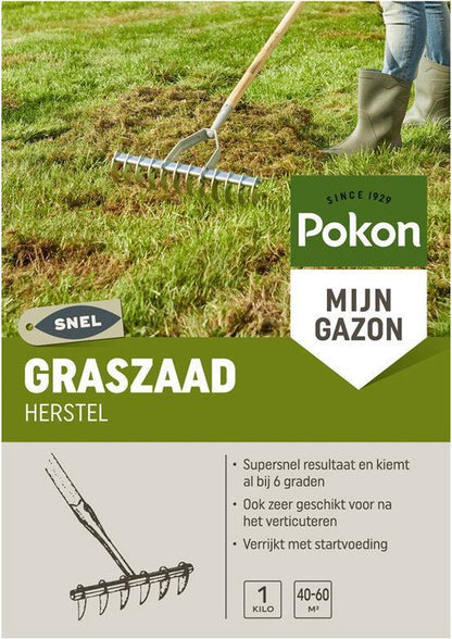  Pokon Graszaad Herstel - 1kg - Gazonherstel - Geschikt Voor 40m² Tot 60m² - Supersnel Egaal Groen Gras