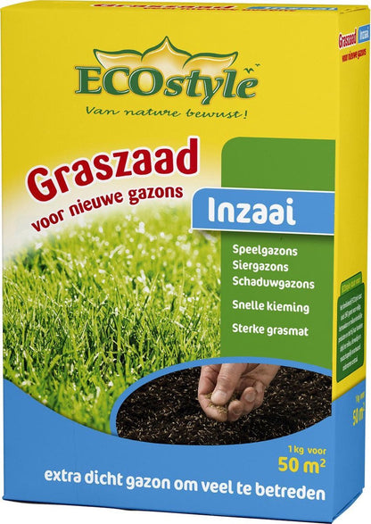  ECOStyle Graszaad-Inzaai Voor Nieuwe Gazons - Dicht Gazon Zonder Mos - Sterke Grasmat - Snelkiemend Graszaad - Speel &amp; Siergazons - 50 M² - 1 KG